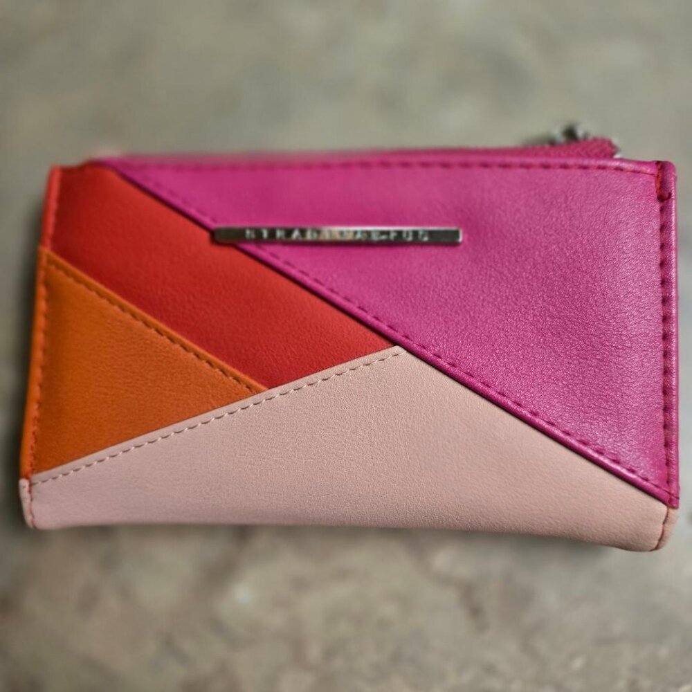 Stradivarius Womens wallet red fuchsia pink and orange color blocked 4/6" folded
